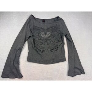 Romwe Gray Rhinestone Winged Heart Graphic Bell Sleeve Top Y2K Goth Large